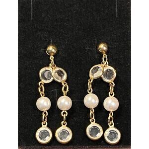 Y2K Faux Pearl Rhinestone Dangle Earrings Gold Tone Coquette Glam Vintage